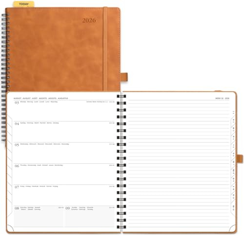 POPRUN Kalender 2026 Buchkalender Ringbuch mit Softcover, ca. A4 (26,5 x 21,5 cm) - Terminplaner, Wochenplaner Notizbuch (Jan.2026-Dez.2026) mit 100 GSM Papier - Braun