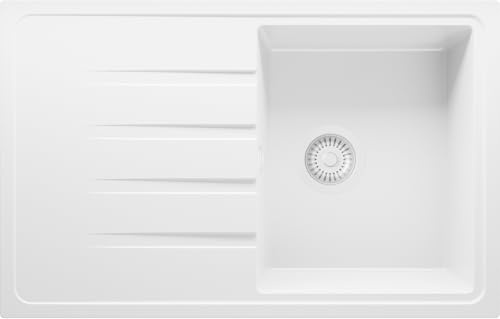 PRIMAGRAN Fregadero Cocina al Mueble 45cm + Kit de desagüe, 78x50cm | Set: Kit de desagüe (sifón, válvula, rebosadero) + Milano 1 Seno Granito, Todo Blanco