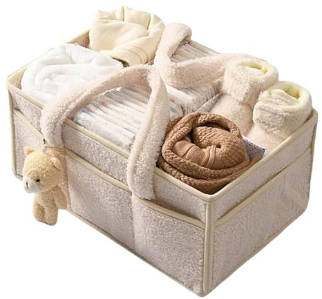 Fruusv Baby Caddy Organizer, mjuk plyschkorg, avtagbara avdelare, bärbar skötväska med robust babyförvaringsväska för resor, födelsedagar, flickor, 38 x 25 x 18 cm, vit och grön