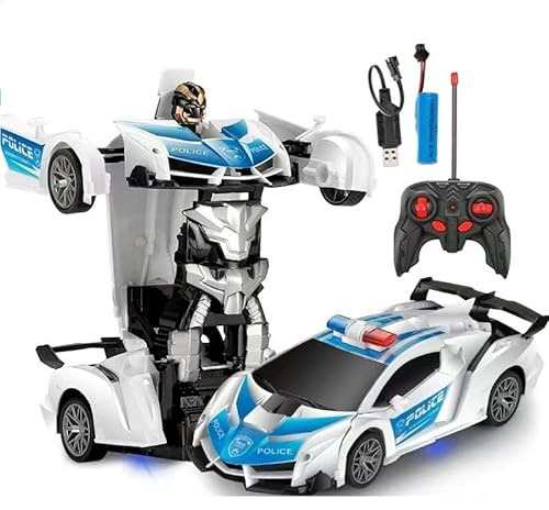 LEOM 2 in 1 Remote Control Transforming Car With Light & Sound, One-Click Becoming Robot Figure Transforming Car For Boys & Girls, Automatic Smooth Deformation, 360° Rotation (Whit/Blue)