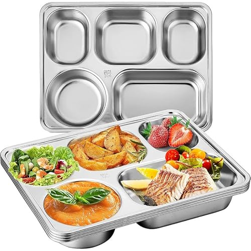 MUCKLILY Lot de 3 Plateaux Repas Compartimentés en Acier Inoxydable | Assiettes à 5 Compartiments Empilables, Lavables au Lave-Vaisselle pour Cantine Scolaire et Restauration Collective