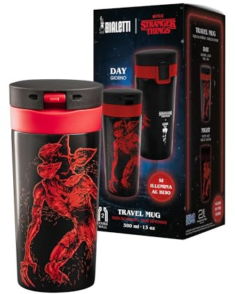 Bialetti Stranger Things termisk resemugg, lyser i mörkret, perfekt temperament, ingen diskmaskin, 380 ml