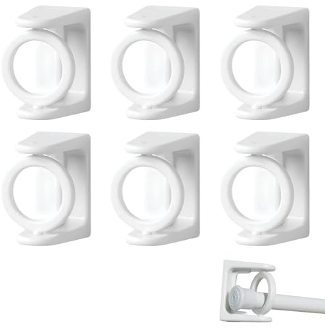 No Drill Curtain Pole Brackets, 6 Pcs Curtains Rod Holder Self Adhesive Curtain Hooks Towel Pole Holder Wall Fixing Rod Hangers Hooks with Rotating Ring for Bathroom Kitchen
