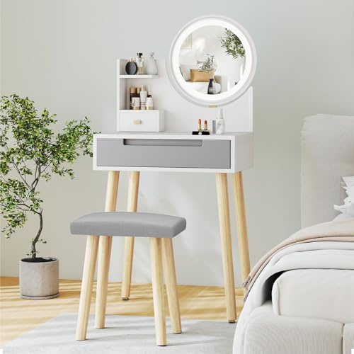 YOURLITE Schminktisch mit LED Beleuchtung, 3Einstellbarer Helligkeit, Frisiertisch mit Spiegel, Kosmetiktisch mit 2 Schubladen und 2 Offenen Ablagen, Modern, für Schlafzimmer, Grau