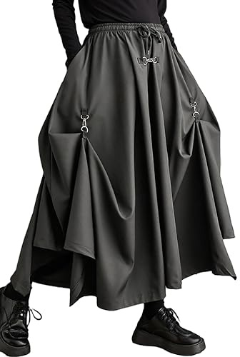 ellazhu Women's Oversized Irregular Drop Crotch Harem Hakama Pleated Drawstring Pants GZ116 Grey