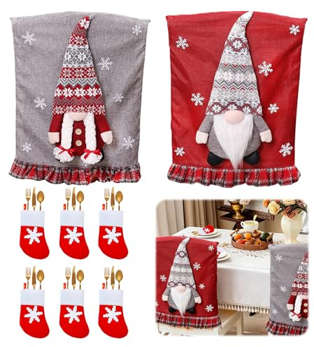 GAROMIA Weihnachten Stuhlhussen 2er Weihnachtsdekoration Stuhlbezug mit Bestecktasche Husse Weihnachtsdeko Weihnachtsstuhlüberzug für Stühle Weihnachten Tischdeko Zuhause Stuhlabdeckung