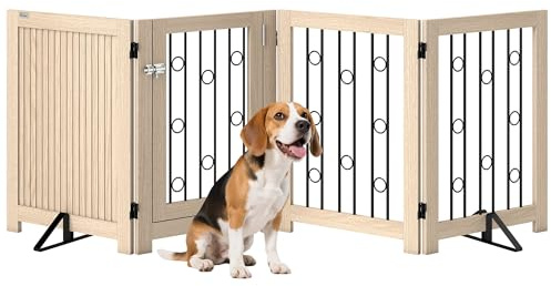 PawHut Freestanding Pet Gate, Foldable Dog Gate with Lockable Door, Metal Support Feet & 360° Flexible Hinges, 4 Panel Indoor Safety Dog Barrier for House, Stairs, Doorway, 205 x 30.5 x 70 cm, Oak