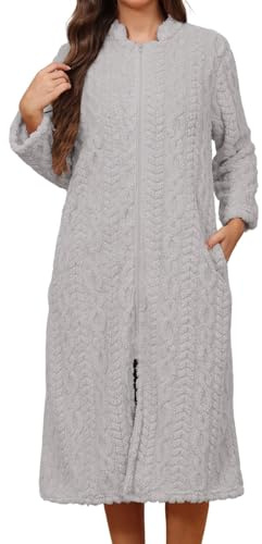 KBOPLEMQ Albornoz para mujer, mullido, acogedor, abrigos de sauna, suave y cálido, camisón largo, bata de casa, pijama de franela, ropa de dormir con cremallera, bata de sauna con bolsillos, vestido