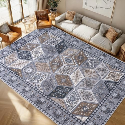 Calinline Dunkelgrau Großer Boho Teppich Waschbar Schlafzimmer, 160x230 cm | Vintage Teppich Wohnzimmer, Kurzflor Waschbarer Teppich, Rutschfester Teppiche für Esszimmer Büro Küche Läufer