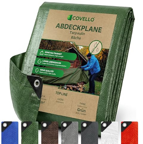 Covello Bache de Protection Exterieur 260g/m² Tarp Imperméable 3x3m Vert | Bache de Protection Top Line, 9m² Bache Anti UV Anti-déchirure, Bâches en Polyéthylène avec Œillets, Bâche Multiusage, Tarp