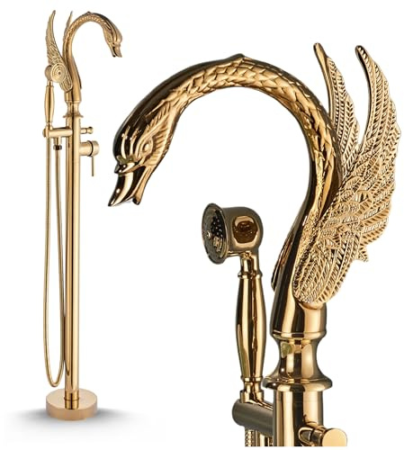 Robinet de baignoire sur pied SWAN pour montage au sol avec bec rotatif, douchette, cartouche en céramique, corps en laiton et jet d'eau avec mélange d'air (doré)