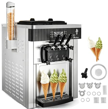 Furvveerr Kommerzielle Eismaschine, 20–28 L/h 2200 W, Kommerzielle Softeismaschine, Gewerbliche Eiscrememaschine mit 3 Aromen & 2 x 6L & LED-Panel, für Restaurant, Café (8218T)