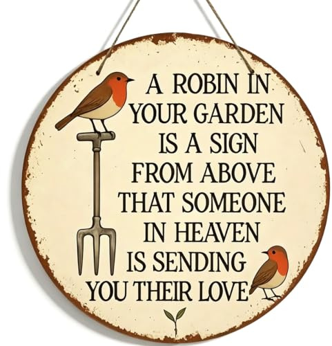 Farm Animal Country Wall Decor Tin Sign, Round Rustic Tin Sign A Robin In Your Garden Is A Sign From Above, Vintage Robin Bird Memorial Wall Decor Plaque (1 pcs)