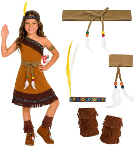 Fun Shack Costume Indiana Bambina, Costume Western Halloween Bambina | Abito con Frange, Cintura & Cerchietto con Piume, Design Marrone, Perfetto per Halloween, Ideale per il Gioco di Ruolo