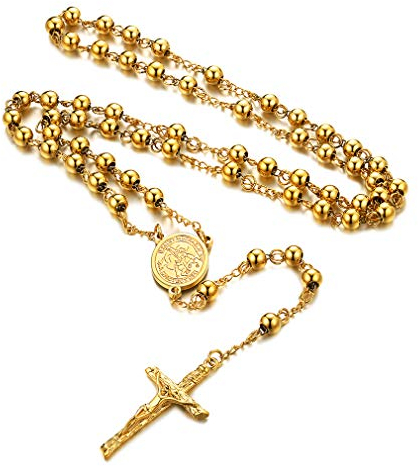 FaithHeart Auto Rosenkranz Kette für Damen Herren Kreuzkette Gold Rosenkranzkette mit Orthodoxes Kreuz Gebetskette Maria Halskette Wundertätige Medaille Edelstahl Cross Chain Rosary Necklace Schmuck