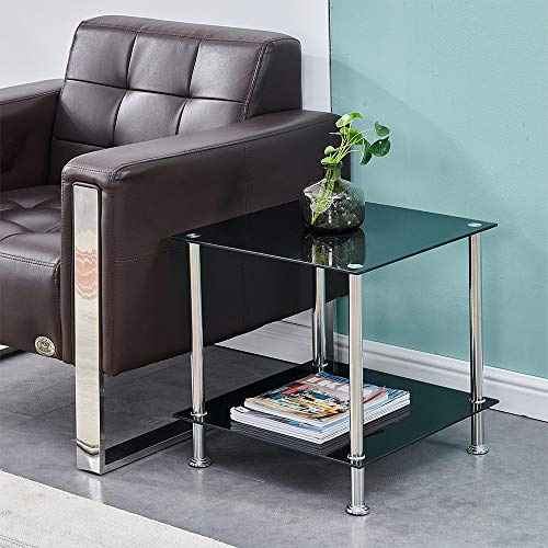 BELIFEGLORY Modern Design End Table, 2 Tier Tempered Glass Coffee Table with Polished Stainless Steel Legs, Small Square Sofa Side Corner Lamp Table for Living Room (Black)