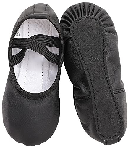 Ballettschuhe aus Leder mädchen Ballettschläppchen Tanzschuhe mit Ganze Ledersohle für Kinder Damen schwarz 34