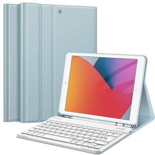 FINTIE Tastatur Hülle für iPad 10.2 Zoll (9/8/7 Generation, 2021/2020/2019) | Schutzhülle mit TPU Rückschale, Pencil Halter und magnetisch Abnehmbarer Tastatur mit QWERTZ Layout, Eisblau