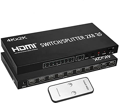 2x8 HDMI Splitter, Full HD 4K Video HDMI Switcher 2x8 Split 2 in 8 Out Double écran pour PS3 Xbox PC vers HDTV Moniteur Projecteur avec alimentation