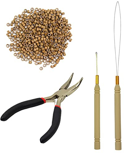 Hair Extensions Pliers Tool Kit Hair Pliers Pulling Hook Bead Device Loop Threader and 500pcs 5.0mm Silicone Lined Micro Rings (Dark Blonde)