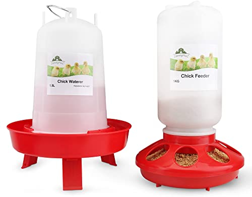 ZenxyHoC Küken Futterautomat und Tränke Set, 1 L Hühner Futterautomat und 1,5 L Hühnertränke mit 3 Höhenverstellbaren Füßen für Hühnchen Enten Geflügel