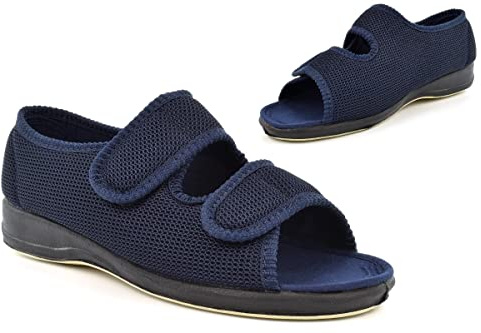 Ladies Wide Fit Slippers - Womens Touch Fasten Slippers - 100% Cotton Lining - 4E Width - Navy (EEEE Fitting) - 3 UK