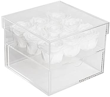 Infinity Flowerbox - 9 Echte Infinity Rosen die 1-3 Jahre halten ohne Wasser | Acrylbox mit weißer haltbarer Rose - Geschenk für Sie