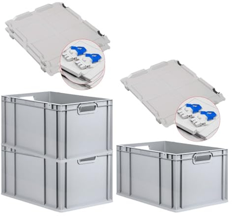 PROREGAL SuperSparSet 3x Eurobox NextGen Economy mit Scharnierdeckel & blauen Verschlüssen | Griffe offen | HxBxT 32x40x60cm | 65 Liter | Eurobehälter Transportbox Transportbehälter Stapelbehälter