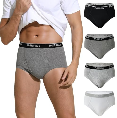 INNERSY Pants Men Cotton Briefs with Fronts Fly Underwear Comfy Underpants Sport Multipack 4 (L, Black/White/Grey/Heather Grey)