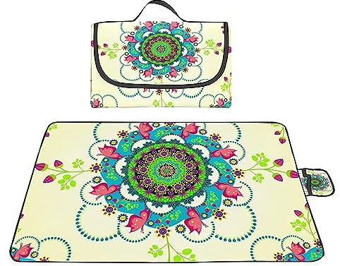 Picknickdecke 200x300cm,XXL Picknickdecke mit Wasserdichter Unterseite,Outdoor Stranddecke Sandfrei,mit Tragegriff Faltbare Picnic Blanket für Camping,Strand,Familie,Konzerte Buntes Blumen-Mandala