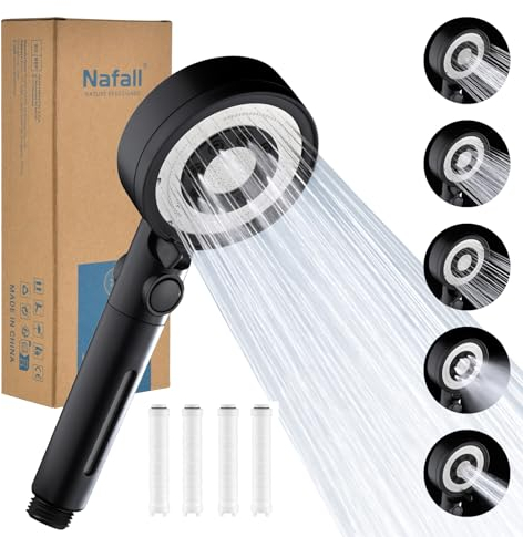 Nafall Hochdruck Duschkopf mit Filter, Shower Head with Filter mit 5 modi, Brausekopf Dusche, Filter Duschkopf, Wassersparend Duschbrause für Schwermetall,Harte Wasser,Rest-Chlor,Bakterien, Chrom
