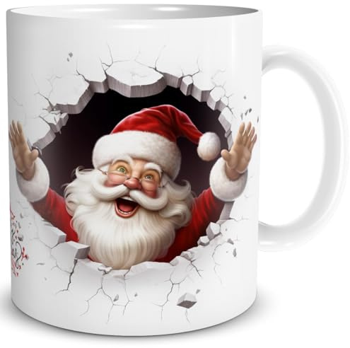 TRIOSK Weihnachtstasse 3D Illusion Weihnachtsmann mit Weihnachtsmotiv Becher-Durchbruch - Lustige Geschenkidee für Santa-Fans, Frauen, Männer & Kollegen - Keramik-Tasse 300 ml, Rot