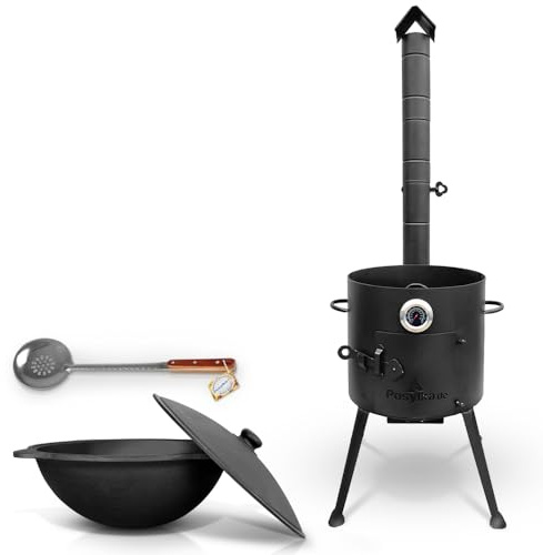 ZARENHOFF Set - Utschak Feuerofen Ø 36 cm Usbekischer Gusseisen Kasan 10 L runder Boden, Deckel aus Aluminiumguss Thermometer, Schaumlöffel für Plov, 48 cmr (292)