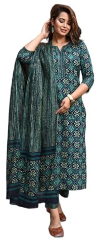 LookMark Conjunto de pantalón Kurta recto de mezcla de algodón estampado para mujer, ropa étnica elegante para mujer, Verde, XXL