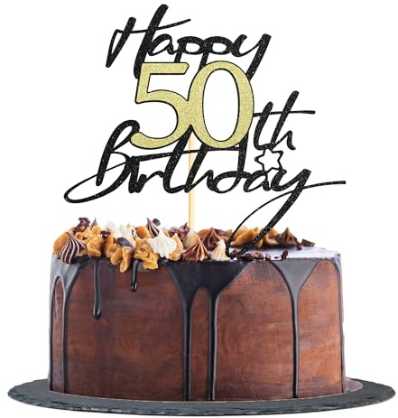 Sotpot 1 Pack 50th Birthday Cake Topper Black Gold Glitter Cake Pick for 50th Milestone Birthday Theme Party Supplies