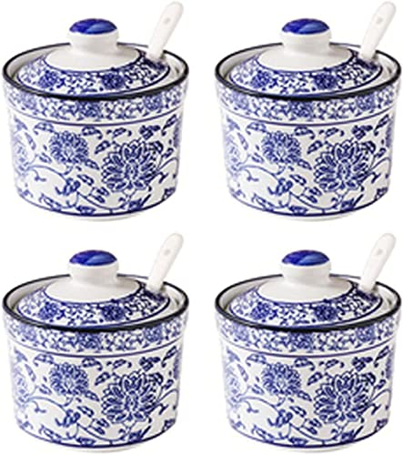 Tarros de especias, bote de condimentos, tarros de especias, azucarero de porcelana china azul y blanca con tapa, azucarero de porcelana con cuchara, salero pequeño, bote individual azul y blanco (col