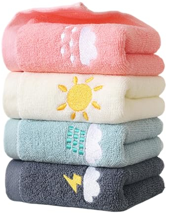 DAZZLUXE 4 Stück bestickte Handtücher, Kinderhandtücher, Gesichtstücher, Cartoon-Handtücher, Baumwoll-Gesichtstücher, Kinder-Badetuch-Set, weiche Baby-Badetücher (Rosa, Gelb, Grün, Dunkelgrau)