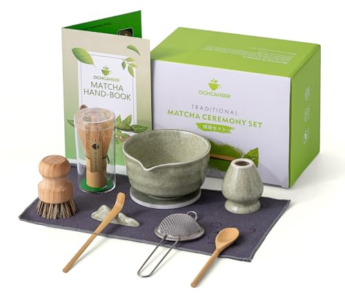 Ochcahser Japanese Matcha Set, Matcha Bowl with Spout and Coaster, Matcha Whisk and Holder, Sifter, Scoop, Spoon, Cleaning Brush,10 Pcs Complete Ceramic Matcha Kit