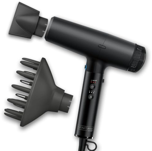 Infiniti PRO CONAIR Digital Dryer, Frizz-Reducing Ionic Hair Blow Dryer with Diffuser and Concentrator Attachments, Up to 5X More Speed and 90,000 RPMs for Advanced Drying Power, Black