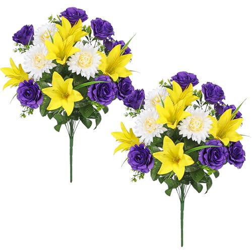 Briful 2-pack Artificial Flowers for Graves, Yellow Lily Flower Bouquet Silk Flowers Purple Artificial Roses Like Real, Faux Chrysanthemum Flower for Indoor Outdoor Decorations