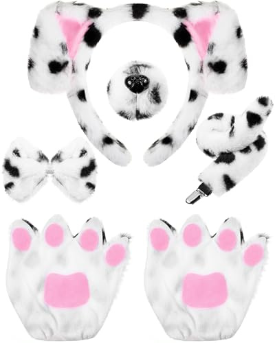 Syhood Set di 5 Costumi per Cagnolino Fascia con Orecchie Cane Inclusa Papillon Naso Finto Coda Guanti a Zampa Cucciolo Accessori per Costumi Animali per Carnevale Cosplay (Nero Bianco, Stile Carino)