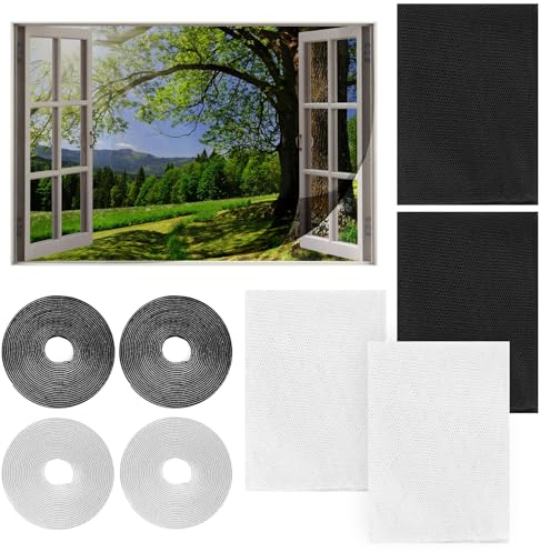 4 Stuck Fenster Insektenschutz, Schneidbarer Insektenschutz Moskitonetz für Fenster, 4 Rollen Selbstklebendem Band Fenster Fliegengitter Mit, Weiß + Schwarz, 130 * 150cm