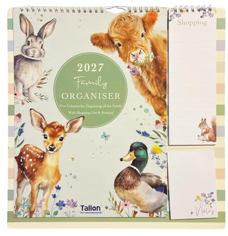 2027 Family Calendar 5 Column Organiser with Shopping List and Note Pad - Animals 0251