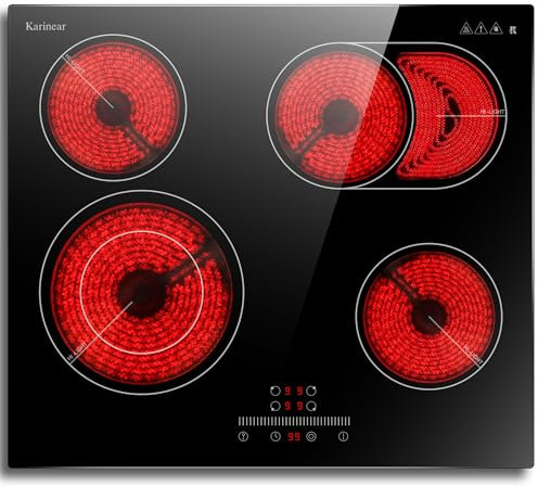 Karinear Ceramic Hob, Built-in Electric Hobs 59 cm with Oval Zone for Grill Pan Slide Control,Up to 99min Timer with Safe Lock,Pause, Heat Indicator Auto Shut-off Black Glass