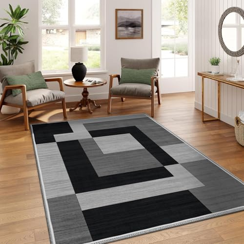 AMEHA Rugs Living Room - Milo Black & Grey Area Rugs for Bedroom Small Bedside mat 60x110 cm Anti Slip - Modern Carpet Non Shedding Geometric Style Durable Soft Low Pile Rug for Kids Room Easy Clean