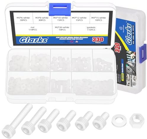 Glarks 330pcs M3 White Nylon Hexagon Socket Screw, 4/5/6/8/10/12mm Hex Socket Head Cap Screw, Nylon Allen Head Socket Drive Screws with Nuts and Washers