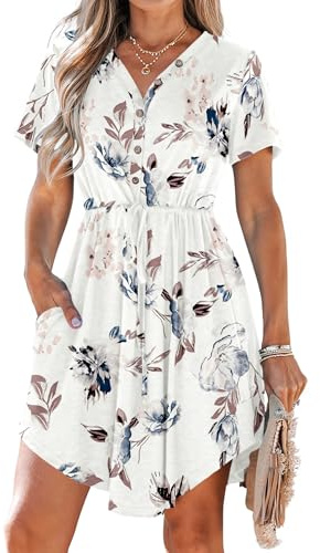 AUSELILY Kleider Damen Sommer Kleider mit V-Ausschnitt Knielang Elegant und Kordelzug Leicht und Luftig mit Taschen Weiße Blumen S