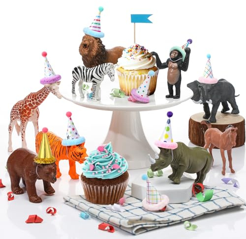 Colingmill 18 Pcs Jungle Animal Birthday Party Decorations Mini Birthday Hat Animal Figure Model Cake Toppers with Mini Hat for Birthday Party, Wild Animals Themed Party