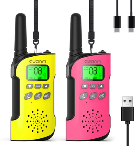AWANFI Walkie-Talkie per Bambini, Walkie Talkie Ricaricabile con Batteria, Torcia, Funzione SOS e VOX, Walkie-Talkies per Campeggio Avventure, Regali per Bambini da 3 a 12 Anni