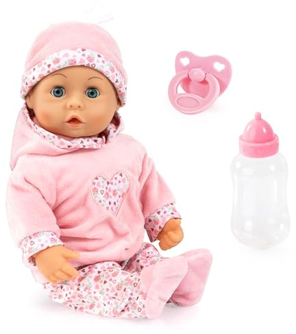 Bayer Design 93824CR Babypuppe interaktiv, Spielpuppe sprechend, weicher Körper, Schnuller, Flasche, 38 cm, Rosa